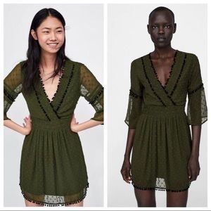 Zara Army Olive Green Swiss Dot Polka Dot Black Pom Pom Chiffon Mini Dress